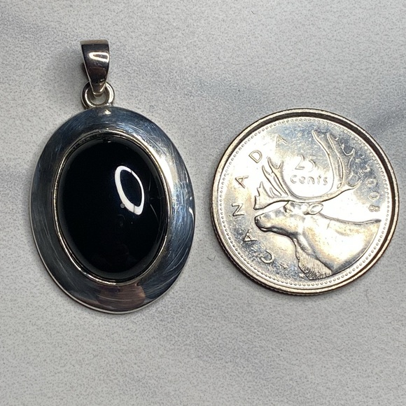 Black onyx oval sterling silver pendant necklace 925 - Picture 3 of 5